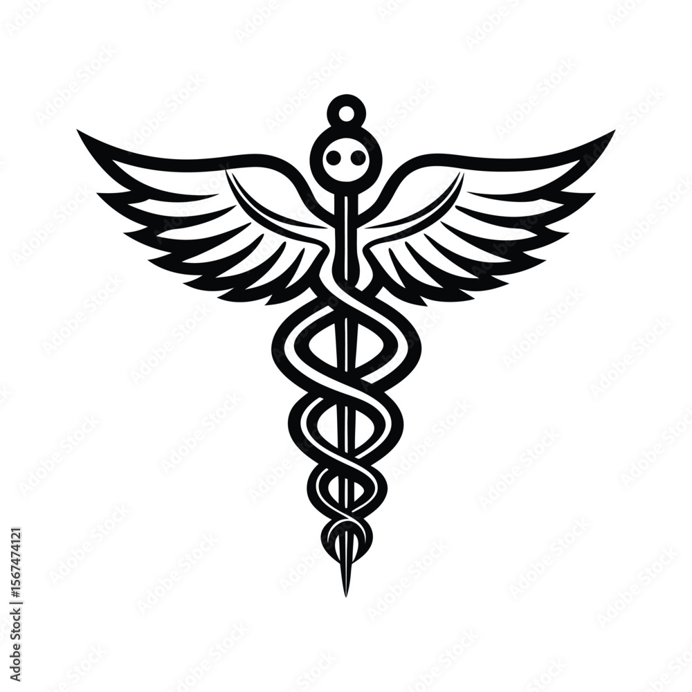 Fototapeta premium Caduceus Medical Symbol Icon, Minimalist Vector Emblem of Healing and Healthcare