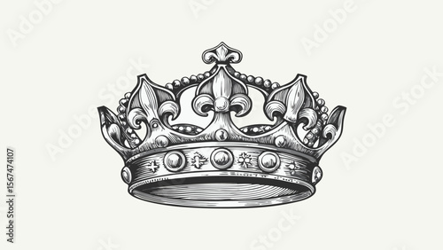 Illustration of an ornate royal crown with fleur de lis and beaded details on a light background design