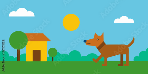 Cute cartoon animal illustrations: funny dog and cat, wild fox, and squirrel in nature's forest garden