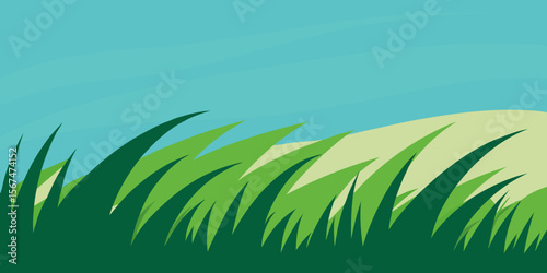 Green grass, blue sky, and a vibrant garden of flowers and leaves evoke the essence of nature's growth and the beauty of spring and summer seasons