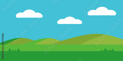 A vibrant vector illustration of a summer landscape features green hills, a sunny sky with clouds, and a lush meadow