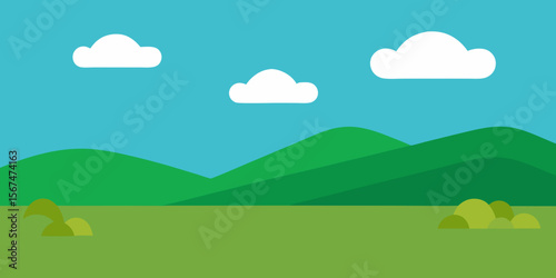 Vector illustration of a summer mountain landscape with green hills, clouds, and a bright sky