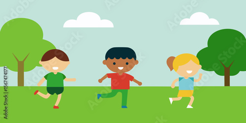 Cartoon vector illustration of happy children playing in a summer park with boys and girls jumping on the grass under the sky