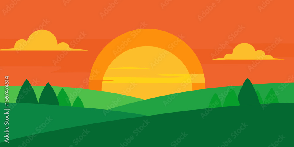 Obraz premium Vector illustration of a vibrant summer landscape with green grass, rolling hills, a bright sun, and a blue sky with fluffy clouds, perfect for nature-themed designs