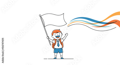 Young boy holding a flag with colorful wavy ribbons flowing behind him