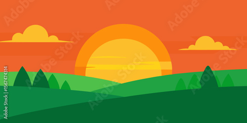 Vector illustration of a vibrant summer landscape with green grass, rolling hills, a bright sun, and a blue sky with fluffy clouds, perfect for nature-themed designs