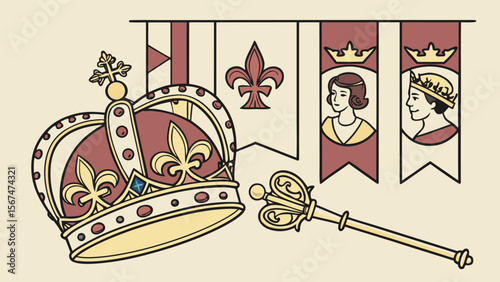 Royal crown and scepter with king and queen banners in the background in a cartoon illustration