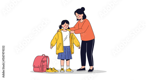 Mother helps daughter put on yellow jacket before going to school with backpack nearby