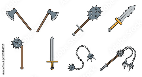 A collection of medieval fantasy weapons including axes swords maces and flails for combat and battle