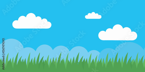 A vibrant summer landscape with green grass, blue sky, and fluffy clouds