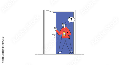 Man opens door feels hesitant uncertainty about what lies beyond the entrance