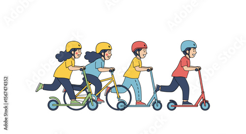 Children enjoying outdoor activities riding bikes and scooters together in a line
