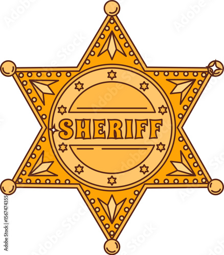 Cartoon groovy sheriff badge star or Western and Wild West symbol, vector icon. Groovy golden badge of sheriff or cowboy police department of old town, Texas or Arizona sheriff golden star badge