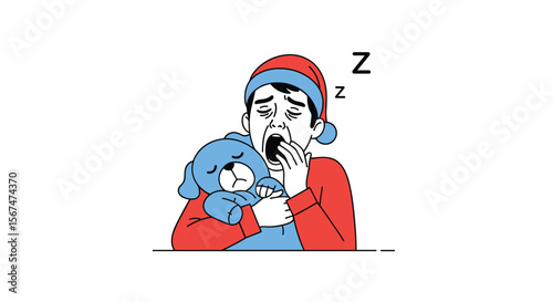 A sleepy child wearing a red nightcap holds a blue teddy bear and yawns widely representing profound tiredness and the need for restful sleep