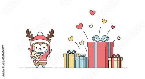 Cute deer with reindeer antlers and warm clothes holding a plush toy standing near a pile of wrapped gifts