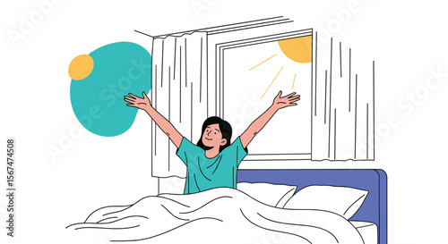 Feeling refreshed and energetic waking up to a bright new day with arms stretched high
