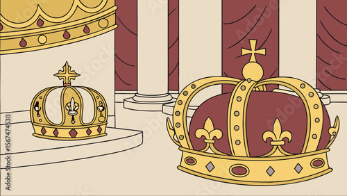 Illustration of three crowns with gold trim and fleur de lis in a palace setting with pillars