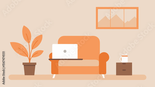 Vector illustration of a contemporary living room with a sofa, armchair, table, and lamp, depicting modern home interior design