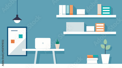 A set of flat design elements and icons for web and mobile applications illustrates interior office and home furniture, including bookshelves, desks, and chairs