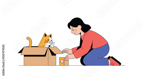 Person helping a curious kitten explore its new cardboard box home with openings
