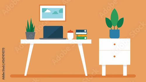 A modern office interior featuring a sleek desk with a laptop and a bookshelf against a minimalist wall, perfect for work or home business design