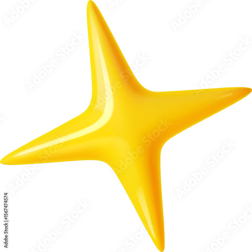 3d realistic four pointed yellow sparkle star. Product rating symbol, magic decoration or game UI element. Three dimensional golden or yellow glossy plastic star isolated vector shape