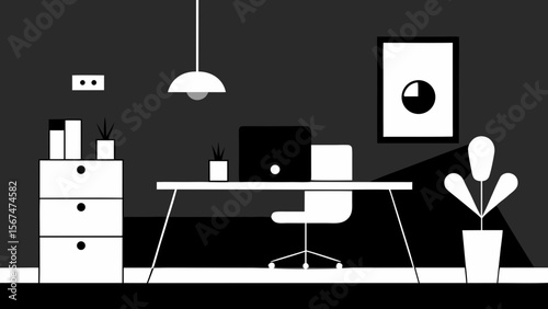 Modern office interior with a silhouette of a woman at a desk with a computer, an empty room vector illustration