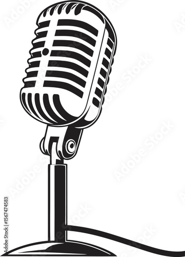 Classic retro microphone on a stand with a cable in black and white