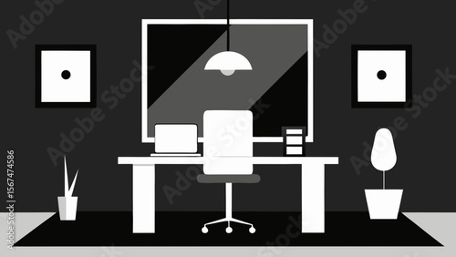 Black and white vector furniture icons for room interior design including lamps, tables, chairs, sofas, and office desks