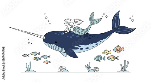 Whimsical narwhal ride through a vibrant coral reef wonderland with friendly fish companions