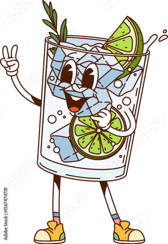Gin tonic cocktail drink groovy retro character. Alcohol cocktail groovy 60s vector cheerful character, party drink cute personage. Tropical cocktail beverage funny mascot with lemon and ice cubes