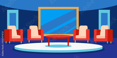 Modern Talk Show Studio Set Design Chairs, Table, and Mirror
