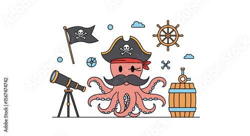 A playful octopus pirate with a telescope flag barrel and ship wheel