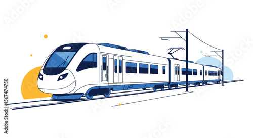 Modern high speed passenger train traveling on rails through a bright landscape with yellow circles and blue arches