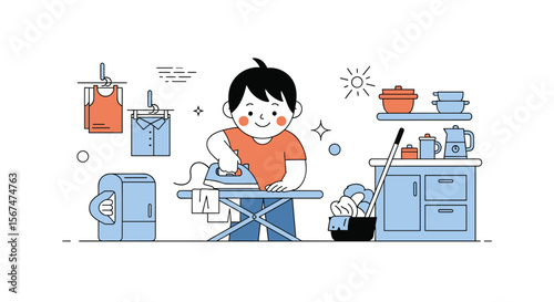 Young boy diligently ironing clothes on a board with laundry appliances and kitchen cabinets in the background a chore illustration