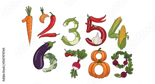 Creative vegetable and fruit numbers for education and healthy eating campaigns