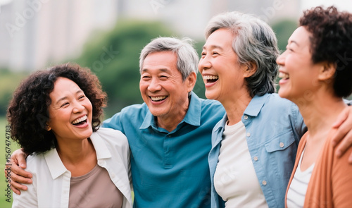 Happy multiethnic mature friends laughing together