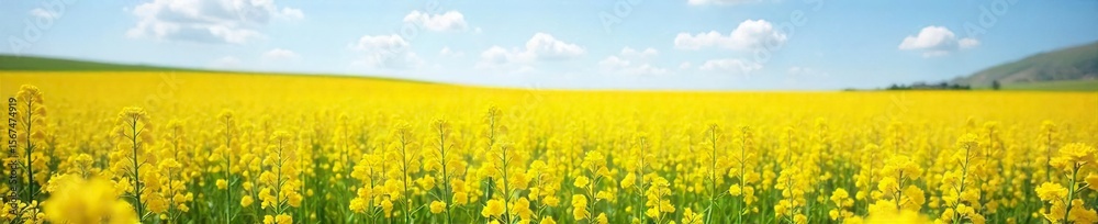 Obraz premium Golden Canola Field in Full Bloom Under a Bright Spring Sky Vibrant Yellow Flowers Stretching to the Horizon, Bathed in Sunlight, Perfect for Spring Nature and Agriculture Themes.