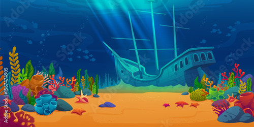 Sunken ship at sea underwater landscape vector background. Cartoon ocean under water world game level scene of shipwreck at coral reef with sand bottom, seaweeds, fish shoals, starfish and sunken ship