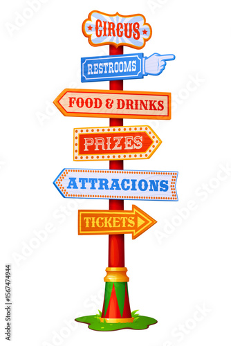 Amusement park sign board signage, carnival circus signboard. Cartoon vector bright and playful directional signpost with arrows pointing to restrooms, food, drinks, prizes, attractions and tickets