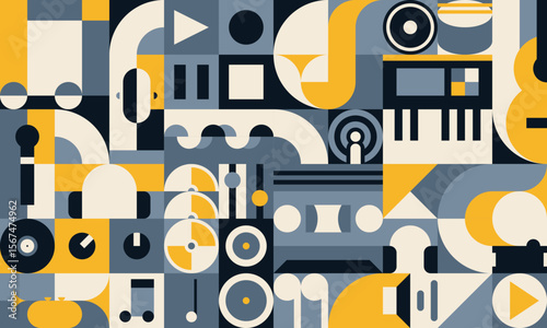 Music and sound geometric pattern background with musical elements. Abstract vector retro modular tile with retro shapes of microphone, headphones, vinyl, notes, cd, speaker, piano and podcast icons