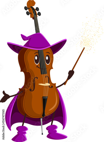 Cartoon Halloween contrabass mage and wizard musical instrument character casting the orchestral spell. Isolated vector double bass personage wearing magician cape and witch hat, wiz with magic wand