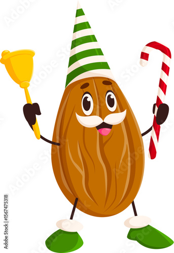 Cartoon funny almond nut character celebrating Christmas. Happy New Year nut comical character, organic food childish vector happy personage. Christmas holiday almond mascot with bell and candy cane