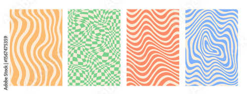 Psychedelic groovy pattern backgrounds set. Vector retro optical illusion with swirled, wavy, checkered and hypnotic distorted ornaments in orange, yellow, blue, red, green. Vintage abstract posters