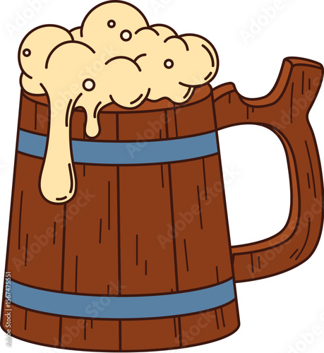 Cartoon groovy pirate beer tankard. Isolated vector corsair mug, carved from wood, brims with foamy brew or ale. Rugged wood pint cup object with its sides adorned with curve handle and metal loops