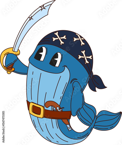 Cartoon groovy whale pirate animal character. Vector underwater blue sperm corsair and rover personage wear sailor bandana and saber, navigates the high seas seeking treasures and aquatic adventures