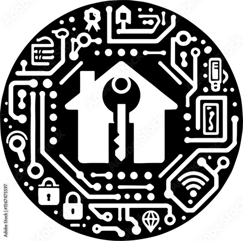 smart home security icon with digital key and connected technology in circuit board design