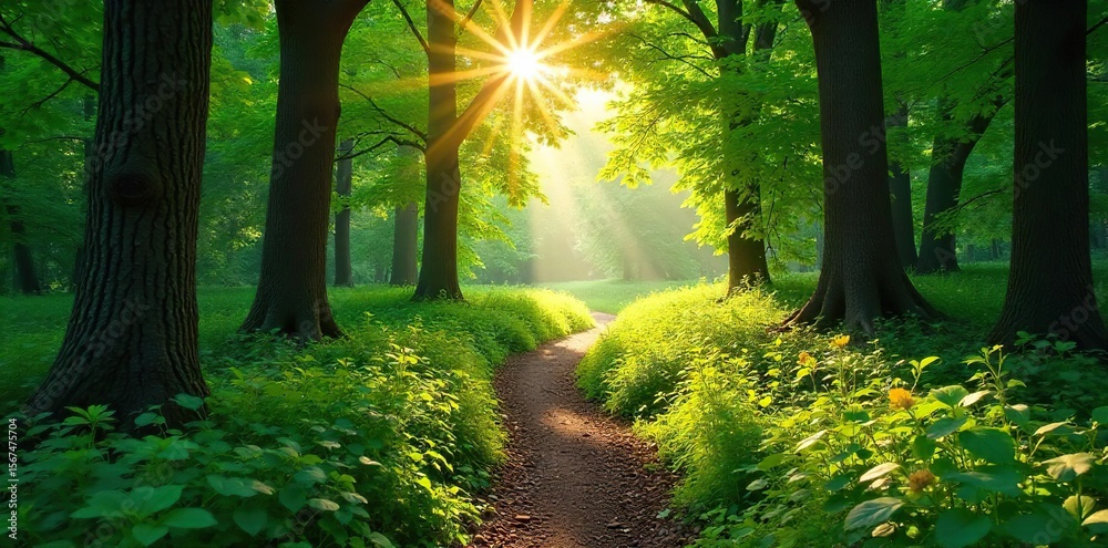 Obraz premium Magical Sunlit Forest Path A Meandering Autumn Woodland Trail, Lush Green Canopy, Sunlight Filtering Through Leaves, Perfect for Nature, Travel, and Environmental Projects