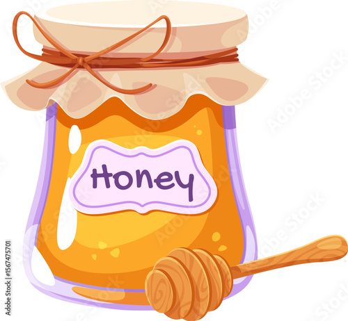 Thanksgiving Day cartoon symbol of honey jar and dipper spoon for autumn holiday, vector icon. Happy Thanksgiving Day symbol for greeting card, honey in glass jar for traditional holiday dinner