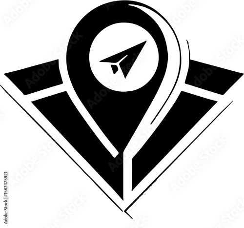 location pin with paper airplane placed on stylized folded map in vector illustration